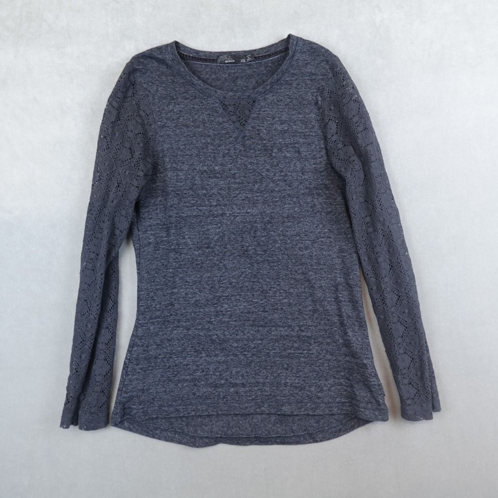 Prana Top Womens Size ZXS Darla Knit Lace Long Sleeves Inset Heather Gray